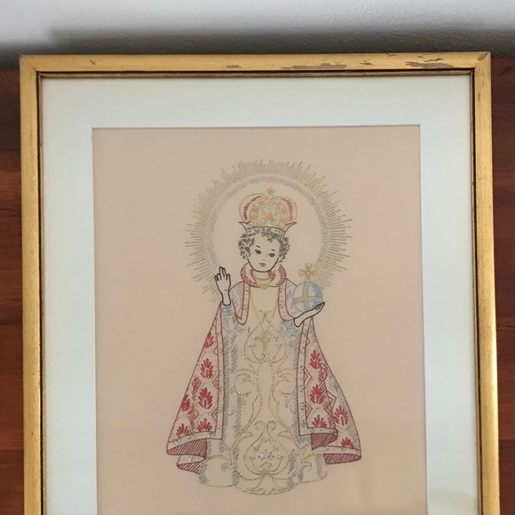 Vintage Embroidered Child of Prague/ Infant Jesus/ Santo Nino - Framed - Picture 5 of 13